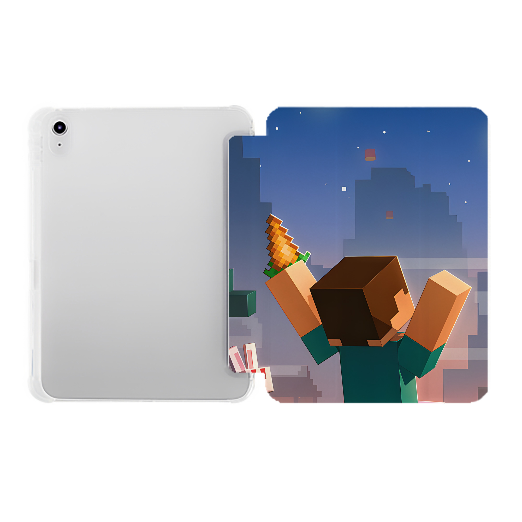 （画像用） マインクラフト ブロックの世界 Minecraft MC Block world IPad ケース ペン収納付き 三つ折りスタンド PUレザー×シリコン 対応機種9.5/10.5/10.9インチ